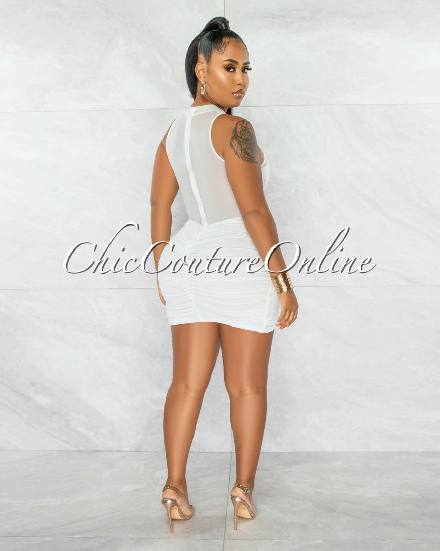 Chic Couture Online JUST IN Cahira Off-White Mesh Neckline Ruched Hem Ultra Mini Dress