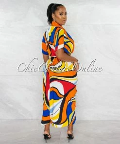 Chic Couture Online Angelie Multi-Color Print Draped Front Tie Shirt Maxi Dress JUST IN