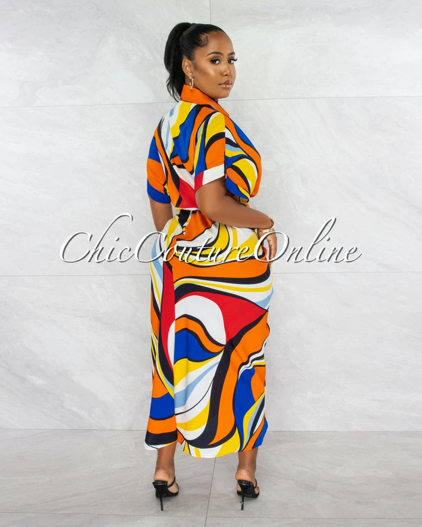 Chic Couture Online Angelie Multi-Color Print Draped Front Tie Shirt Maxi Dress JUST IN