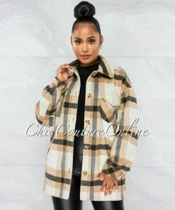 Vendor-unknown Badar Beige Black Plaid Short Coat CLOTHING