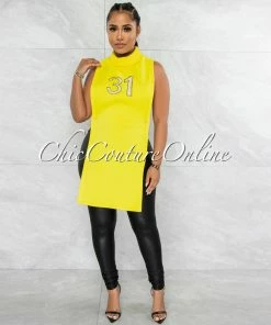 Vendor-unknown JUST IN Mistara Yellow #31 Turtle Neck Open Sides Long Top