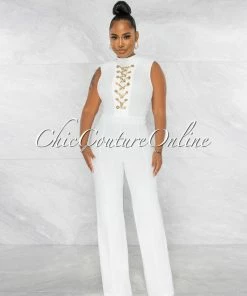 Chic Couture Online JUST IN Brandy Off-White Gold Link Lace-Up Jumpsuit