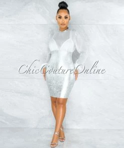 Vendor-unknown JUST IN Leroux Silver Foil Overlay Silky White Top Bandage Dress