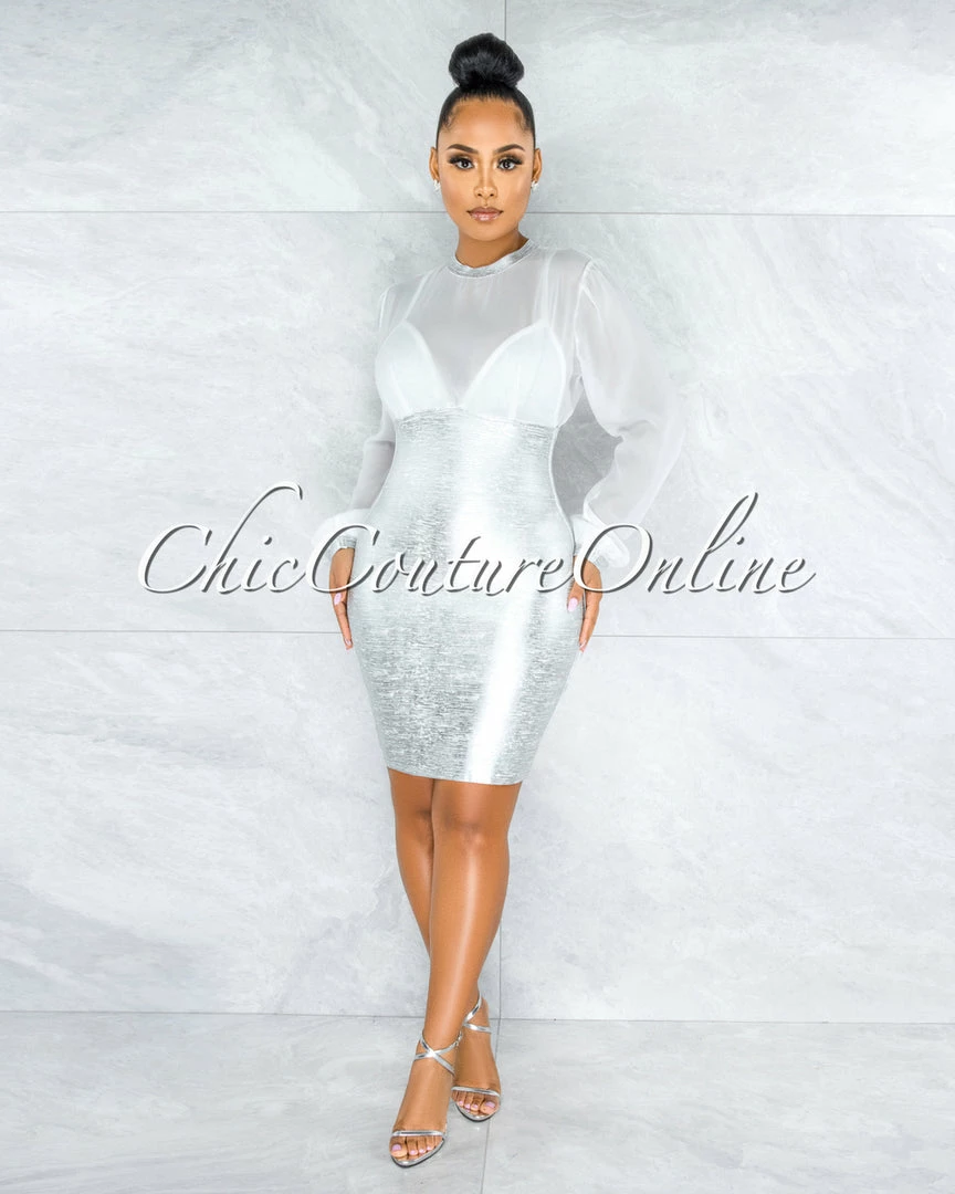 Vendor-unknown JUST IN Leroux Silver Foil Overlay Silky White Top Bandage Dress