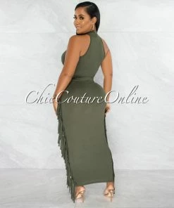 Chic Couture Online Rommey Olive Green Crop Top & Tassels Pencil Maxi Skirt Set