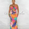 Chic Couture Online Morris Fuchsia Multi-Color Leaf Print Key-Hole Maxi Dress JUST IN