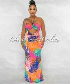 Chic Couture Online Morris Fuchsia Multi-Color Leaf Print Key-Hole Maxi Dress JUST IN