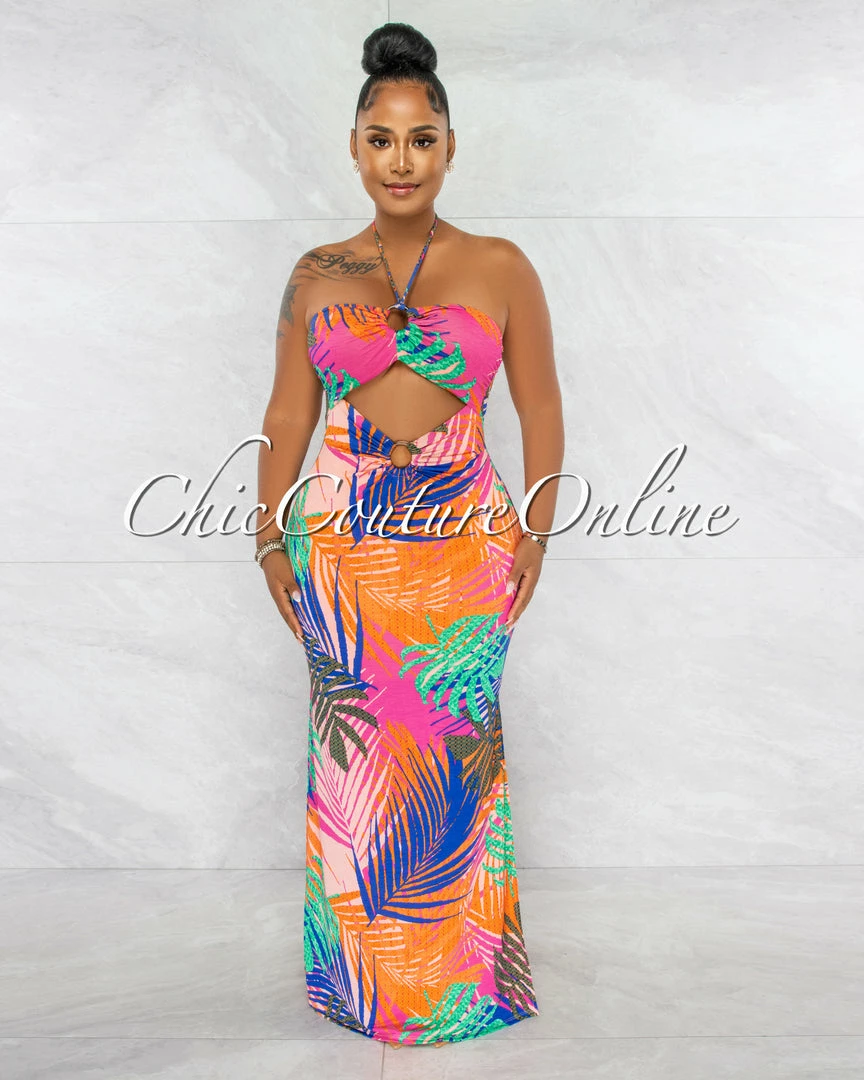 Chic Couture Online Morris Fuchsia Multi-Color Leaf Print Key-Hole Maxi Dress JUST IN