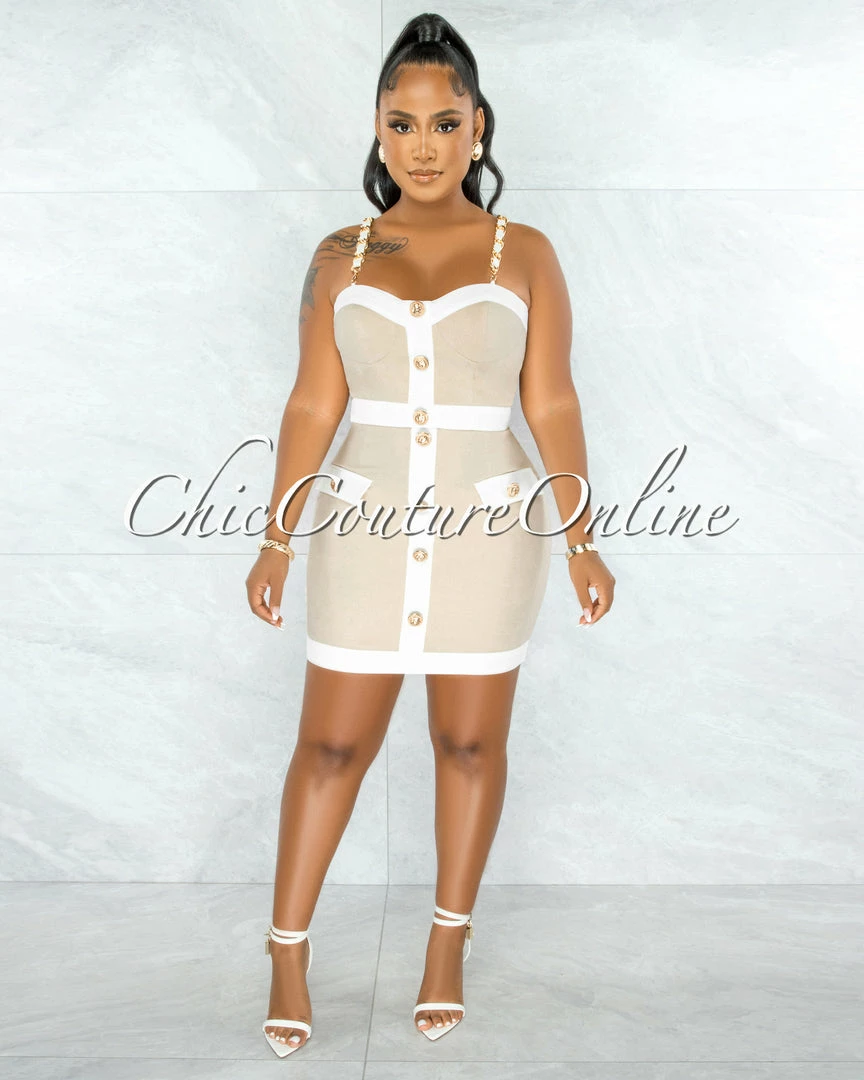 Chic Couture Online Librada Nude White Gold Buttons Crop Top & Skirt Set JUST IN