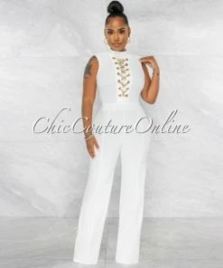 Chic Couture Online JUST IN Brandy Off-White Gold Link Lace-Up Jumpsuit