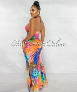 Chic Couture Online Morris Fuchsia Multi-Color Leaf Print Key-Hole Maxi Dress JUST IN