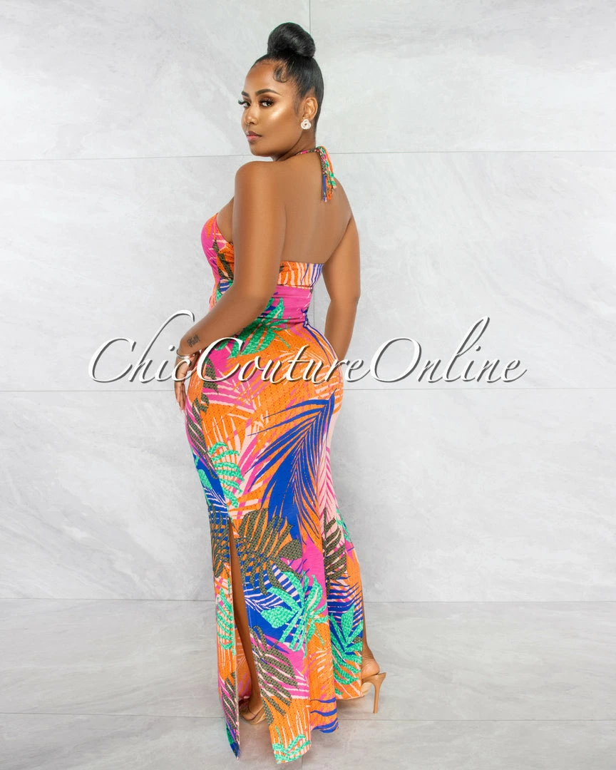 Chic Couture Online Morris Fuchsia Multi-Color Leaf Print Key-Hole Maxi Dress JUST IN