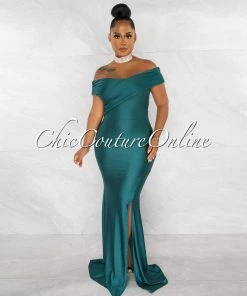 Chic Couture Online Dewey Forest Green Drape Off-The Shoulders Maxi Dress JUST IN