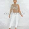 Vendor-unknown JUST IN Zulia Nude White Mesh Rhinestones Single Sleeve Jumpsuit