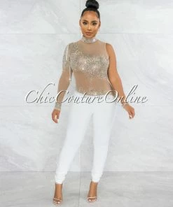 Vendor-unknown JUST IN Zulia Nude White Mesh Rhinestones Single Sleeve Jumpsuit