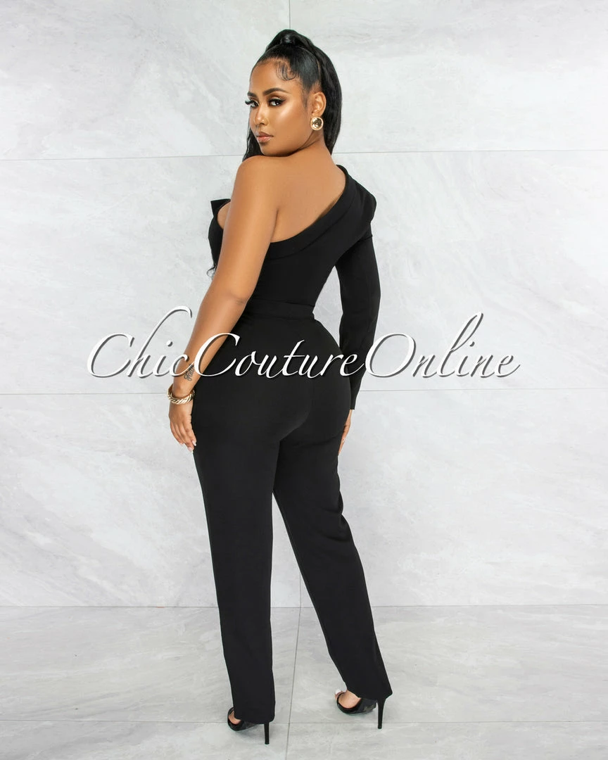 Vendor-unknown JUST IN Oksana Black Single Shoulder Crop Blazer & Wide Pants Set
