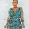 Vendor-unknown JUST IN Monay Teal Green Mesh Pleated Ruffle Mini Dress