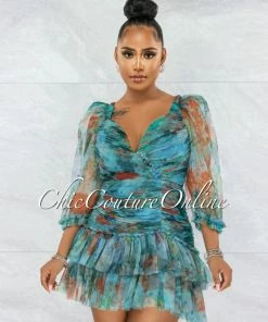 Vendor-unknown JUST IN Monay Teal Green Mesh Pleated Ruffle Mini Dress