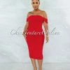 Chic Couture Online Becca Red Mesh Overlay Ruched Off-The Shoulder Dress JUST IN