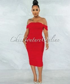 Chic Couture Online Becca Red Mesh Overlay Ruched Off-The Shoulder Dress JUST IN