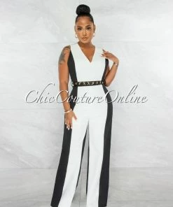 Chic Couture Online JUST IN Loreana Black White Two-Tone Gold Link Belt Luxe Jumpsuit