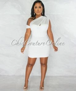 Chic Couture Online JUST IN Belicia Off-White Mesh Ruched One Shoulder Corset Dress