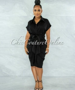 Vendor-unknown JUST IN Valley Black Drape Self-Tie Belt Shirt Midi Dress