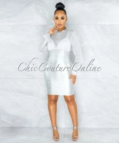Vendor-unknown JUST IN Leroux Silver Foil Overlay Silky White Top Bandage Dress