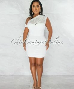 Chic Couture Online JUST IN Belicia Off-White Mesh Ruched One Shoulder Corset Dress