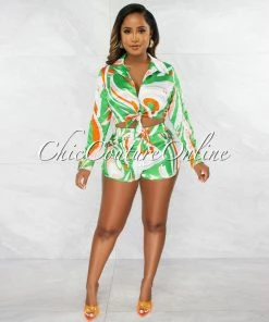 Chic Couture Online JUST IN Kailas Green White Print Tie Top & Shorts Silky Set
