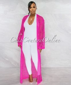 Vendor-unknown Qiana Hot Pink Crochet Sheer Long Duster JUST IN