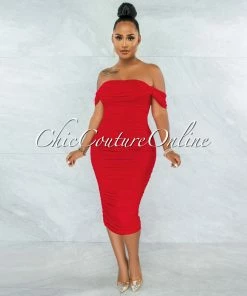 Chic Couture Online Becca Red Mesh Overlay Ruched Off-The Shoulder Dress JUST IN