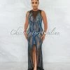 Vendor-unknown Molara Blue Iridescent Rhinestone Maxi High Slit Dress