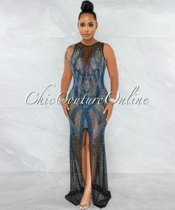 Vendor-unknown Molara Blue Iridescent Rhinestone Maxi High Slit Dress