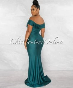 Chic Couture Online Dewey Forest Green Drape Off-The Shoulders Maxi Dress JUST IN