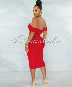 Chic Couture Online Becca Red Mesh Overlay Ruched Off-The Shoulder Dress JUST IN