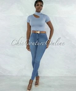 Vendor-unknown Venecia Steel Blue Cut-Out Shoulder Ribbed Crop Top