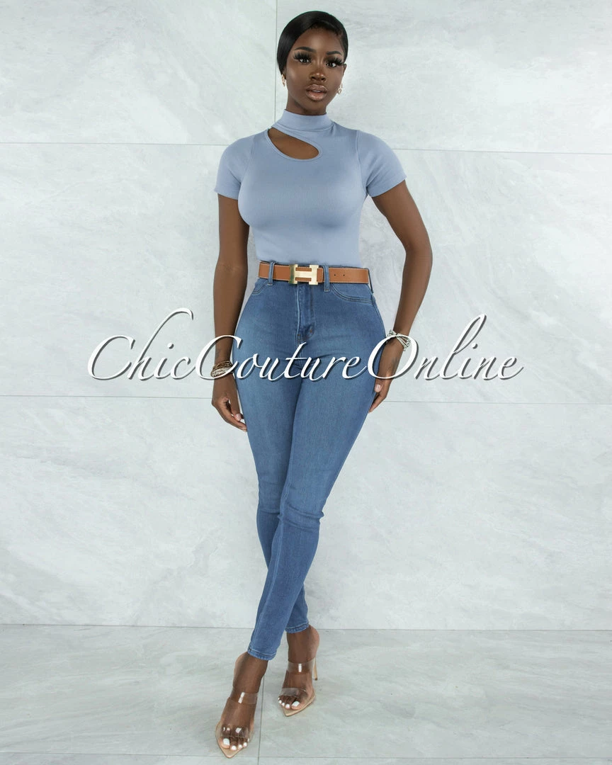 Vendor-unknown Venecia Steel Blue Cut-Out Shoulder Ribbed Crop Top