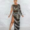 Vendor-unknown Chris Black Mesh Rhinestones Slit Maxi Dress JUST IN