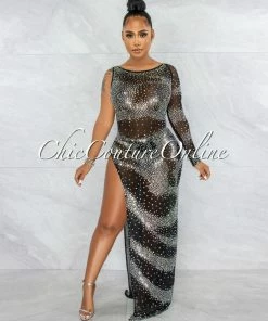 Vendor-unknown Chris Black Mesh Rhinestones Slit Maxi Dress JUST IN