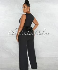 Chic Couture Online JUST IN Loreana Black White Two-Tone Gold Link Belt Luxe Jumpsuit