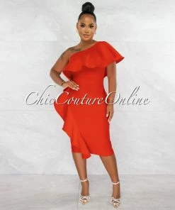 Chic Couture Online Annette Red Single Shoulder Ruffle Bandage Midi Dress JUST IN