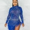 Chic Couture Online Rhesa Royal-Blue Rhinestones Pearls & Feathers Mesh Mini Dress