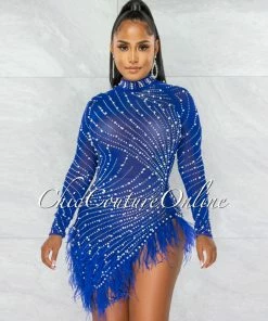 Chic Couture Online Rhesa Royal-Blue Rhinestones Pearls & Feathers Mesh Mini Dress