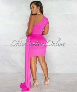Vendor-unknown Briah Hot Pink Single Shoulder Train Dress JUST IN