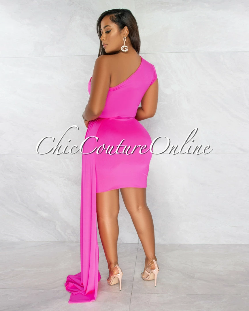 Vendor-unknown Briah Hot Pink Single Shoulder Train Dress JUST IN