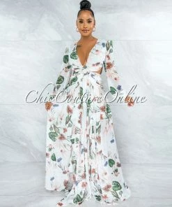 Chic Couture Online Feryal Ivory Floral Print O-Ring Lace-Up Back Maxi Dress JUST IN