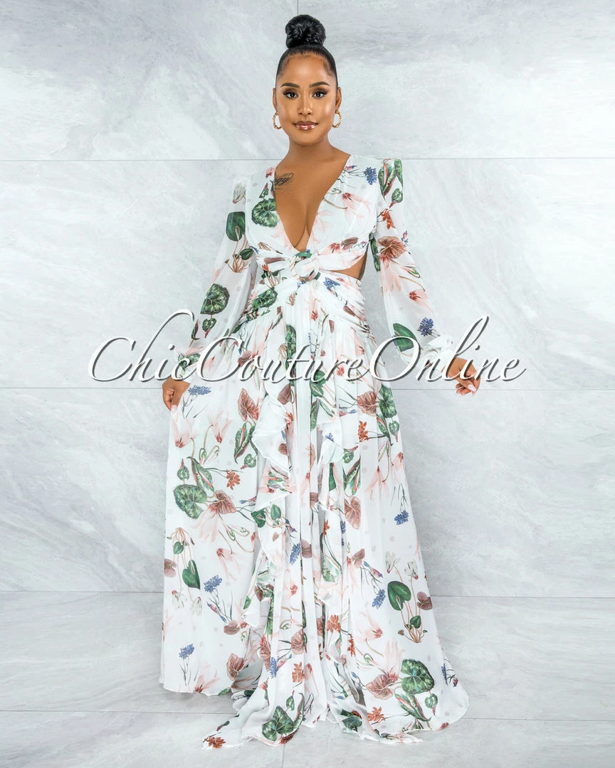 Chic Couture Online Feryal Ivory Floral Print O-Ring Lace-Up Back Maxi Dress JUST IN