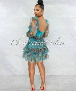 Vendor-unknown JUST IN Monay Teal Green Mesh Pleated Ruffle Mini Dress