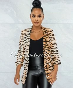 Vendor-unknown JUST IN Merona Nude Black Tiger Print Boyfriend Long Blazer
